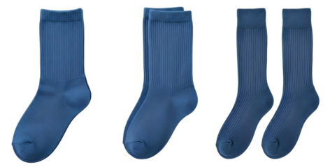 Blue Socks Variety Pack PNG. Collection of various white sock styles including crew and ankle, isolated for diverse apparel and fashion projects isolated. Blue sock top view flat lay PNG