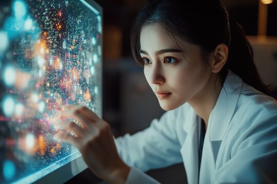 A young scientist in a lab coat intensely interacts with a glowing, futuristic digital screen. Complex, colorful data visuals suggest advanced research.