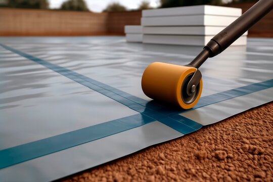 Roller pressing a seam on a waterproof vapor barrier at a construction site.