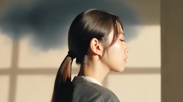 Woman in profile, showcasing a thoughtful expression, as camera pans to capture the evolving ambiance and emotional atmosphere