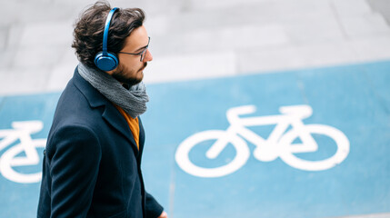 Young man wearing headphones and glasses walking beside a blue bike lane with white bicycle symbols in urban setting