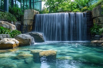Serene cascading waterfall flowing into a clear turquoise pool with natural rocks and lush greenery, hinting at an urban oasis or resort.