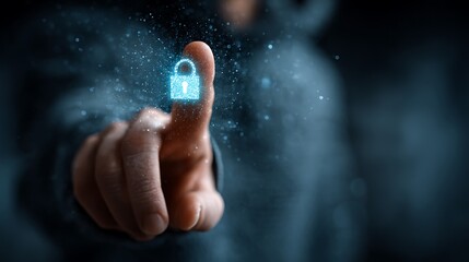 Digital security, human finger activating glowing padlock icon