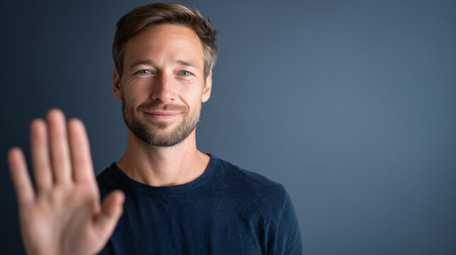 Portrait of a smiling young man with beard raising his hand in a stop gesture against a plain blue background