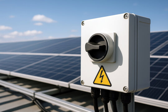 Solar panel electrical disconnect switch with high voltage warning label on rooftop installation.