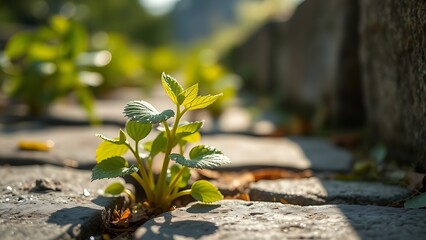 plantago. Plant growing through cracks in a stone pavement with morning dew. ESG reports, sustainability campaigns, designed for sustainability communications and ESG reporting.
