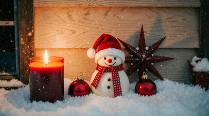 Cozy christmas scene with a snowman candle and festive decorations