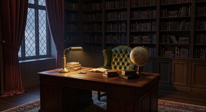 Classic vintage home office interior with a wooden desk books and a globe in a library