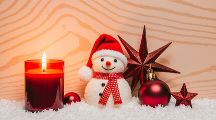 Cozy christmas scene with snowman candle and ornaments