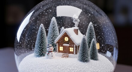 Naklejka premium Christmas snow globe with a cozy log cabin a snowman and trees in a magical winter scene