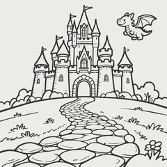 A fairy-tale castle sits on a hill, a winding stone path leads to its gate, while a friendly dragon circles above. Great for kids' coloring, fantasy themes, and imagination.