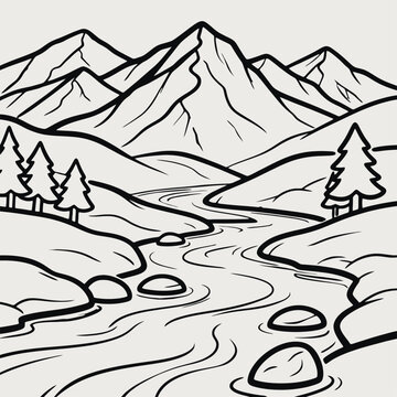 Minimalist mountain river landscape illustration
