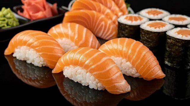 An exquisite set of fresh salmon sushi and rolls is beautifully arranged on a sleek, reflective black surface. This gourmet platter features vibrant nigiri, maki, and sashimi, complemented by traditio