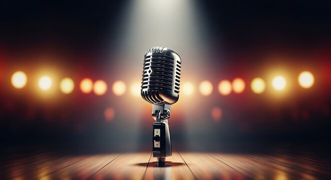 Vintage Microphone on Stage with Bokeh Background
