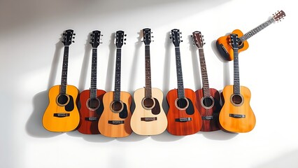 chord. Six acoustic guitars arranged in a fan shape on a white background, showcasing their design and craftsmanship. tutorial guides.