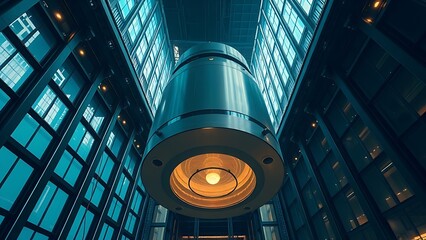 damper. A large tuned mass damper inside a skyscraper, captured mid-sway. real-estate listings, architecture portfolios, designed for architectural facade and classical detail presentations.