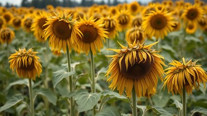 selfishness. A field of withered sunflowers turning away from sunlight on an overcast day. gardening catalogs, home-decor guides, designed for gardening and botanical catalogs, used by web designers.