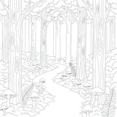 Serene Forest Path With Tall Trees And Mushrooms In White Line Art On Black