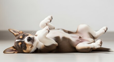 Adorable small dog lying on its back on the floor, looking playful and relaxed.