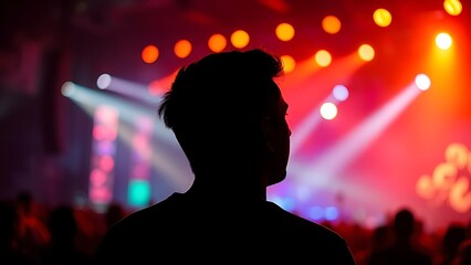 attendee. Silhouette of a concert attendee against vibrant stage lighting, atmospheric music festival ambiance. representing cultural heritage and milestone achievements.