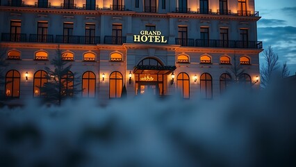 neoclassical. Elegant hotel facade at dusk, warm lighting highlighting its grand architecture. real-estate listings.