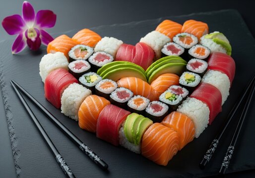 Heart shaped sushi and maki roll platter for a romantic Valentine's Day dinner celebration