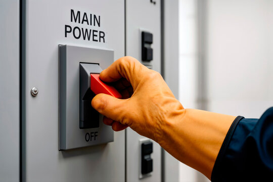 Hand turning off main power switch on an industrial control panel.