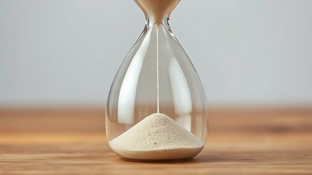 imperceptible. Hourglass with fine sand flowing slowly, time-lapse effect, minimalist still life. wellbeing guides, coaching materials, designed for mental health education and mindfulness programs.
