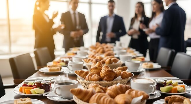Corporate breakfast catering on a conference table with professional colleagues networking in the background during a seminar
