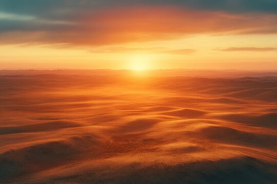 A breathtaking desert landscape glows under a vibrant sunset, casting warm orange and golden light across undulating dunes. The vast horizon promises tranquil beauty.