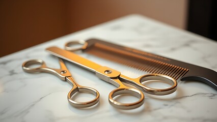 stylist. Scissors and comb arranged on a marble surface with warm salon lighting and a blurred neutral backdrop. lifestyle magazines.