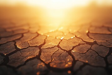 Obraz premium Close-up of severely cracked dry earth illuminated by a warm, golden sunlight, depicting drought and aridity under a harsh environment.