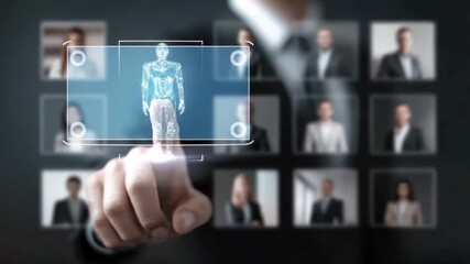 A business professional touches a holographic figure of a human in a sleek office. The background features blurred images of team members, showcasing advanced technology in use - Powered by Adobe