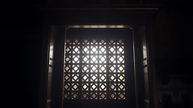 confessional. A vintage wooden confessional booth with light filtering through its lattice grill. event programs, museum guides, designed for cultural heritage projects and event programs.