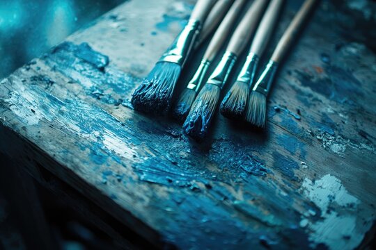 Close-up of artist's paintbrushes covered in vibrant blue paint, resting on a rustic, paint-splattered wooden palette, evoking creativity and artistic work. - Powered by Adobe