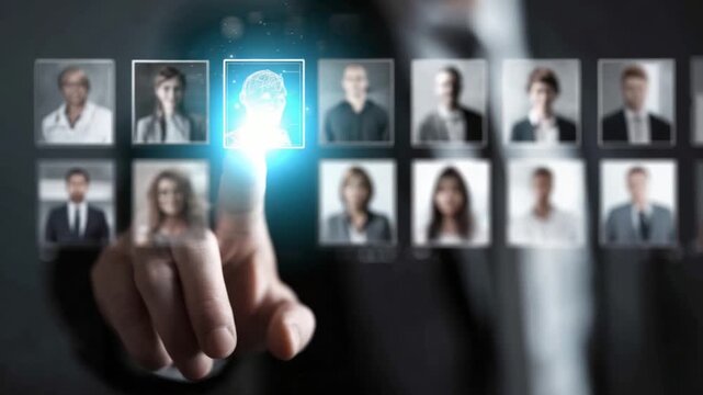 A person is touching a digital interface, choosing a profile among various potential candidates displayed on a screen. This highlights the modern approach to recruitment or networking