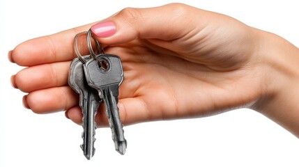 A close-up of a manicured hand holding a set of house keys against a white background