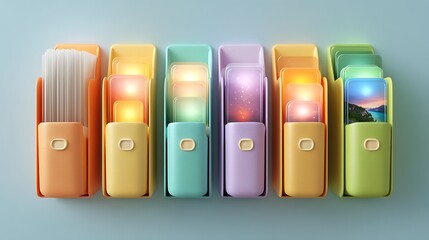 Organized pastel smartphone holders with various glowing screens