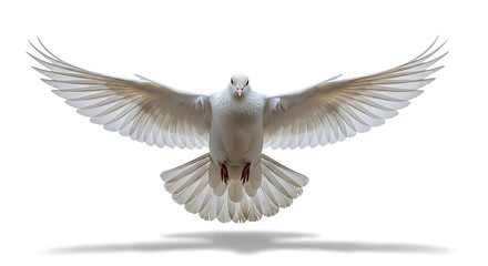 Fototapeta premium A white dove in flight with its wings spread wide against a plain white background in a studio shot