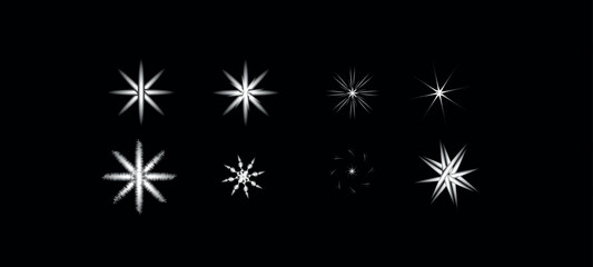 abstract radial starburst icon set featuring eight unique geometric variations with different point counts, blur levels, and symmetry styles, ideal for graphic design, pattern studies, and ui elements