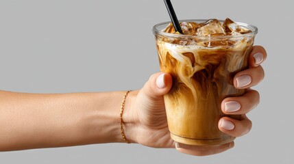 Stylish female hand holding a refreshing iced coffee cup with a swirl of coffee and cream, against a neutral gray background