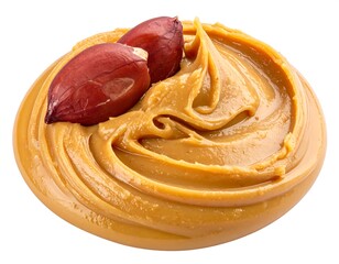 A close-up shot of creamy, smooth, peanut butter, swirled into a circular shape, with two shelled peanuts on top