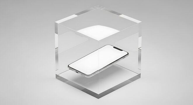 Modern Smartphone Displayed in Transparent Hexagonal Case Mockup.