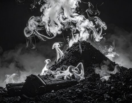 Black coal and smoke rise dramatically against a dark background. - Powered by Adobe