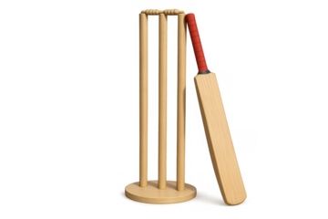 Cricket bat leaning against stumps, wooden wicket with bails, playing modern team sport equipment illustration