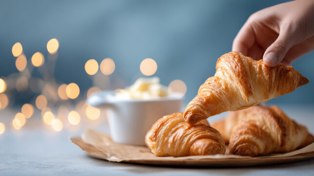 Close-up of freshly baked golden croissants on parchment paper with a hand picking one and blurred warm bokeh lights in the background