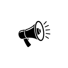 Bold black megaphone icon symbolizing announcement, communication, promotion, alert message, public speaking and broadcast notification for marketing and informational designs
