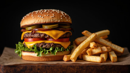 Juicy burger with sesame seed bun, cheddar cheese, lettuce, tomato, pickles, and crispy fries on wooden surface