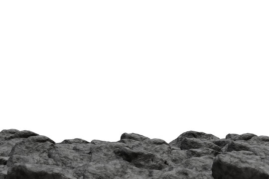 Detailed dark grey rocky ground with rough textures and uneven forms occupies the bottom half, contrasting with isolated transparent, suggesting an alien or lunar surface