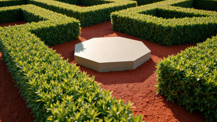 Beautifully designed maze features neatly trimmed hedges surrounding central octagonal platform, creating serene outdoor space